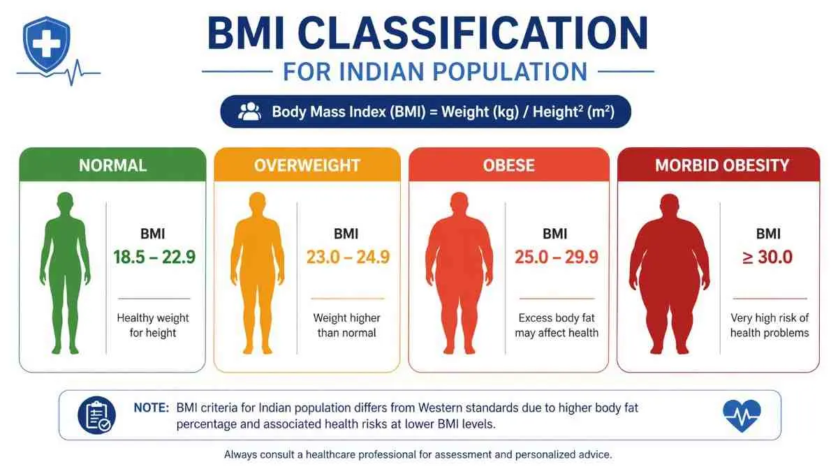 BMI chart for obesity classification in India showing normal to morbid obesity levels