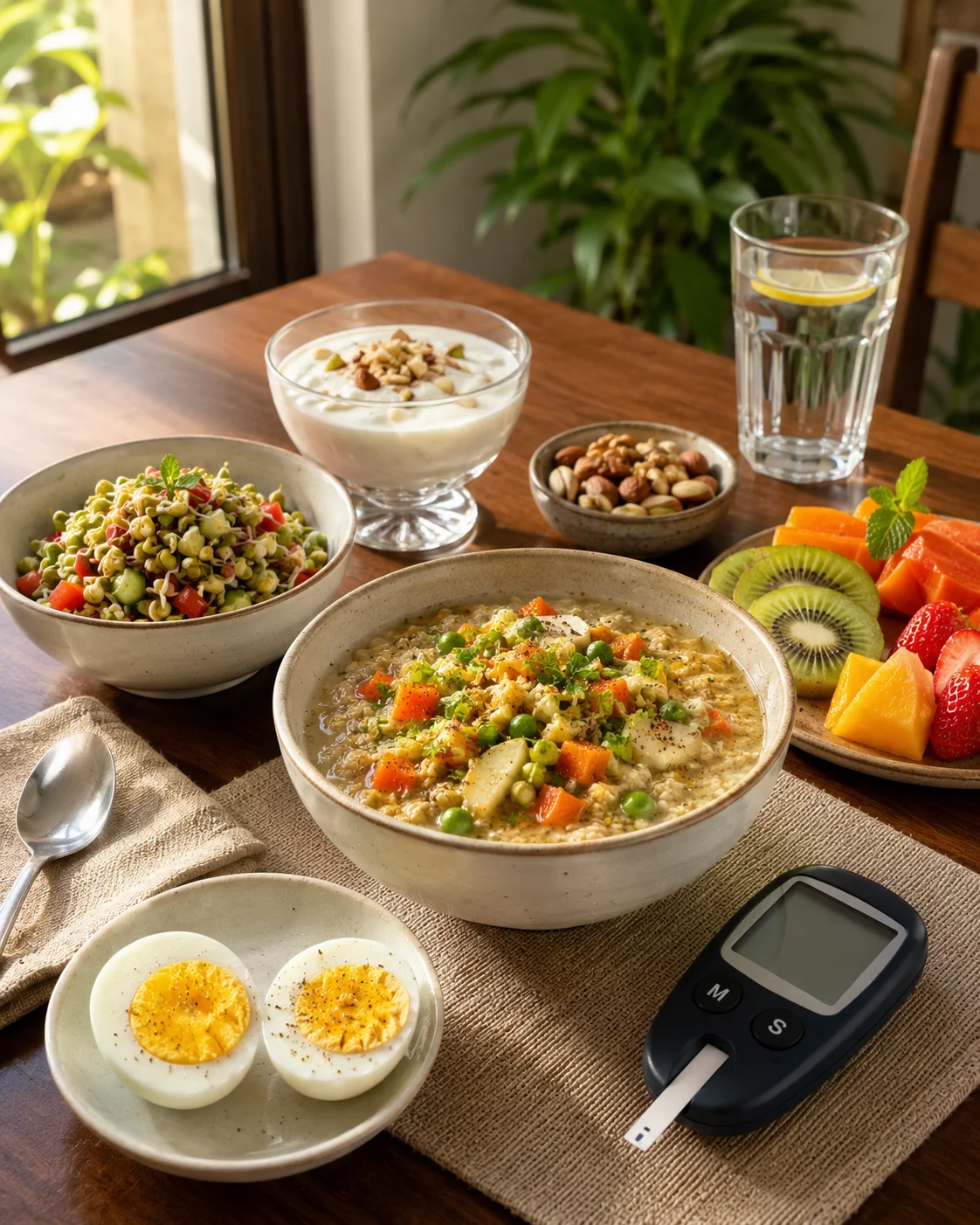 Healthy breakfast foods for diabetes including oats eggs sprouts and yogurt