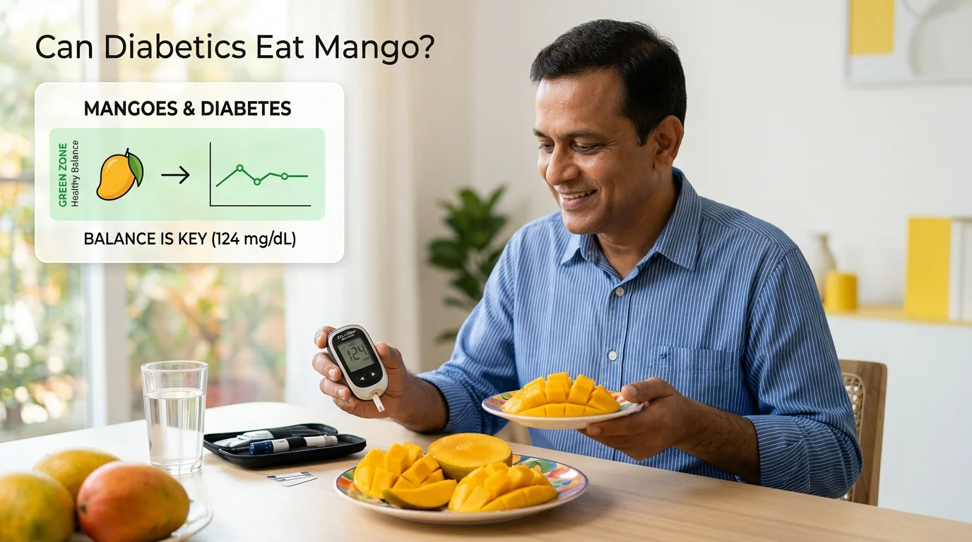 Indian diabetic patient eating mango safely while checking blood sugar levels