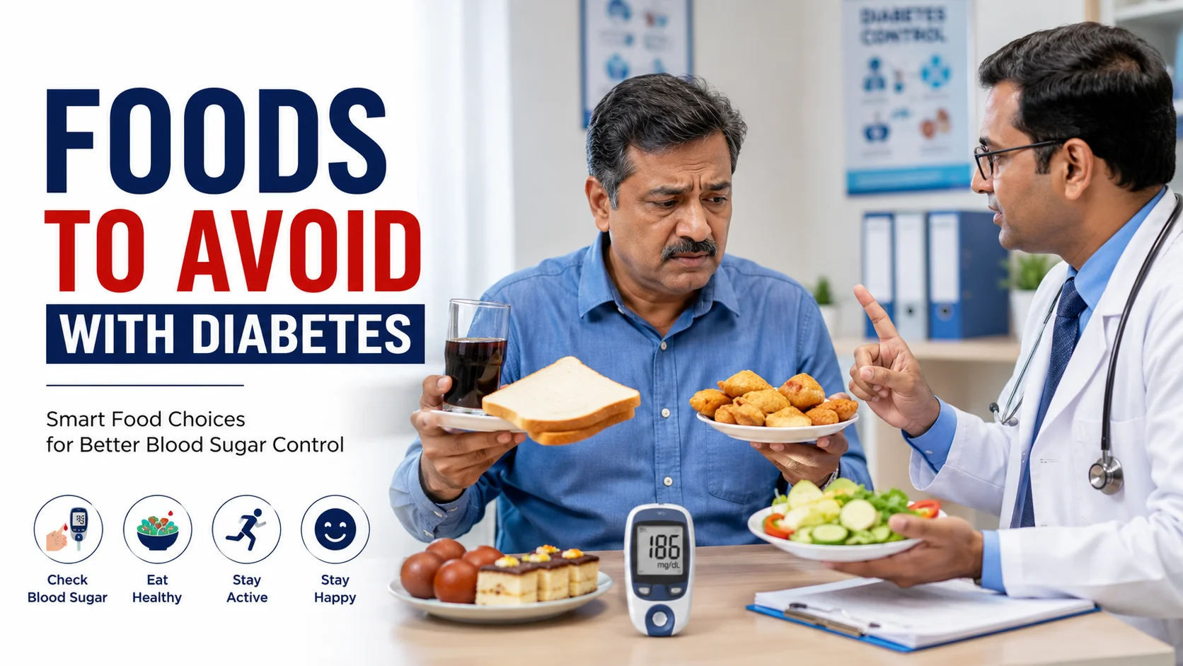 Indian diabetic patient with unhealthy foods that can spike blood sugar levels
